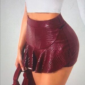Burgundy Faux Croc Peplum Mini Skirt